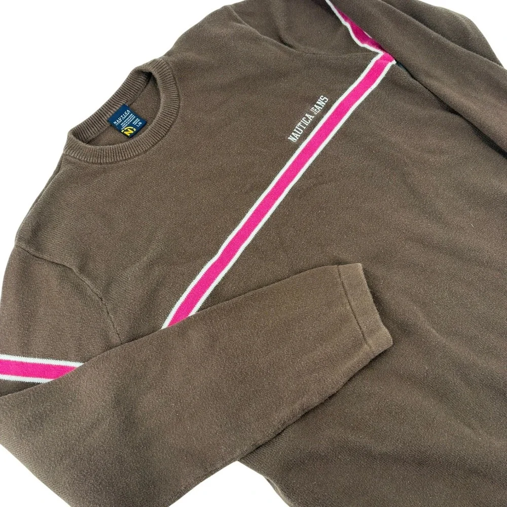 Nautica Jeans Company Sweater Mens Large‎ Pullover Brown Pink Stripe Cotton L